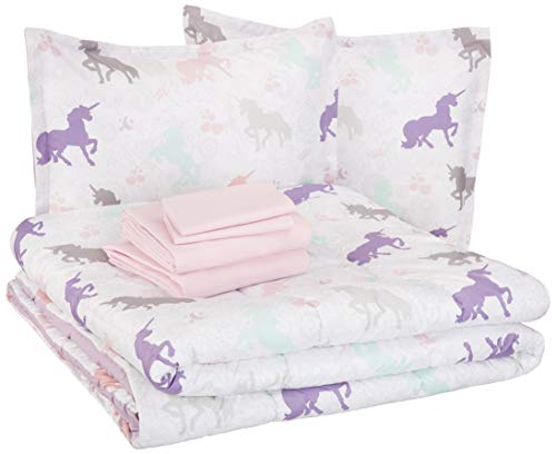 AmazonBasics Easy Care Super Soft Microfiber Kid's Bed-in-a-Bag Bedding Set - Full / Queen, Purple Unicorns