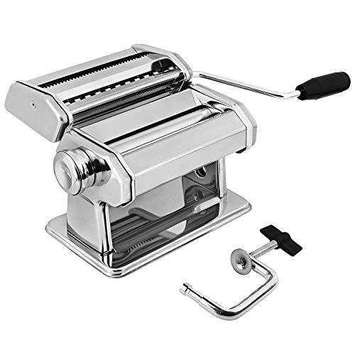 GOURMEX Stainless Steel Manual Pasta Maker Machine | With Adjustable Thickness Settings | Perfect for Professional Homemade Spaghetti and Fettuccini | Includes Removable Handle and Clamp (Silver)