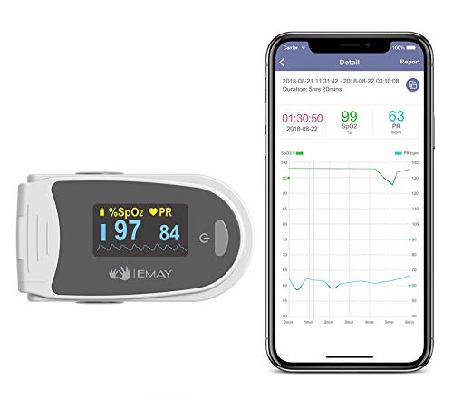 EMAY Sleep Oxygen Monitor with App for iPhone & Android | Track Overnight & Continuous Blood Oxygen Saturation Level & Heart Rate with Professional Report | Memory Stores Data Up to 40 Hours