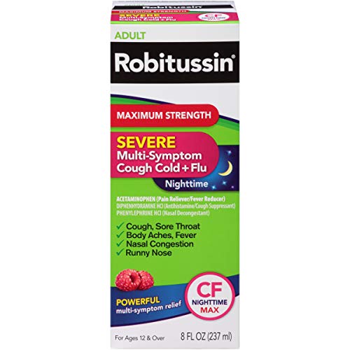 Robitussin Maximum Strength Severe Multi-Symptom Cough Cold + Flu CF Nighttime Pain Reliever/Fever Reducer Liquid 8 fl. oz. Box