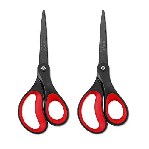 LIVINGO 2 Pack 8' Titanium Non-Stick Scissors, Professional Stainless Steel Comfort Soft Grip, All-Purpose, Straight Office Craft Scissors for DIY(Red/Black)