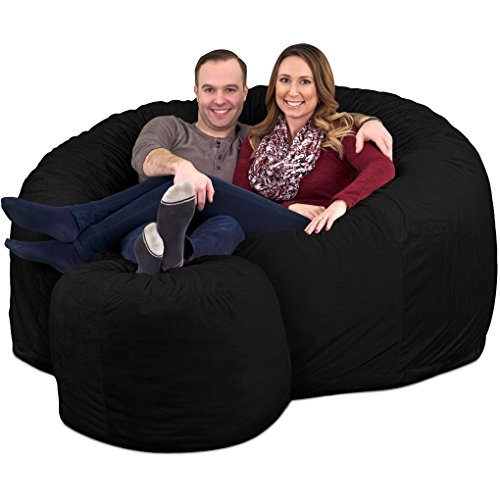 ULTIMATE SACK Bean Bag Chair w/Foot Stool in Multiple Sizes and Colors: Giant Foam-Filled Furniture - Machine Washable Covers, Double Stitched Seams, Durable Inner Liner. (Black Suede, 6000)