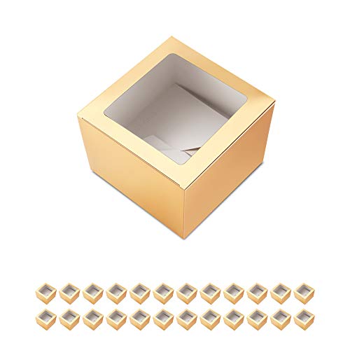 BAKIPACK 25 Gold Bakery Boxes with Window 5x5x3.5 Inches, Dessert Boxes to Go with Window, Treat Boxes for Small Bakery, Dessert, Candy, Cookies, Pastry, Party Favors, Wedding Cake