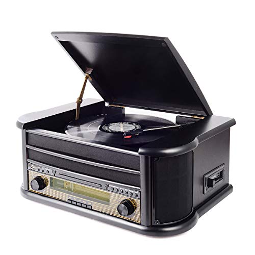 Musitrend Vinyl Record Player 8 in 1 3 Speed Bluetooth Vintage Turntable CD Cassette Player AM/FM Radio USB Recorder Aux-in RCA Line-Out