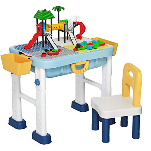 Costzon 6 in 1 Kids Multi Activity Table Set, Height Adjustable, Building Block Table w/Storage, Drawing Table & Chair w/Pen, Convert to Toddler Luggage, Folding Children Sand Table Gift Toy
