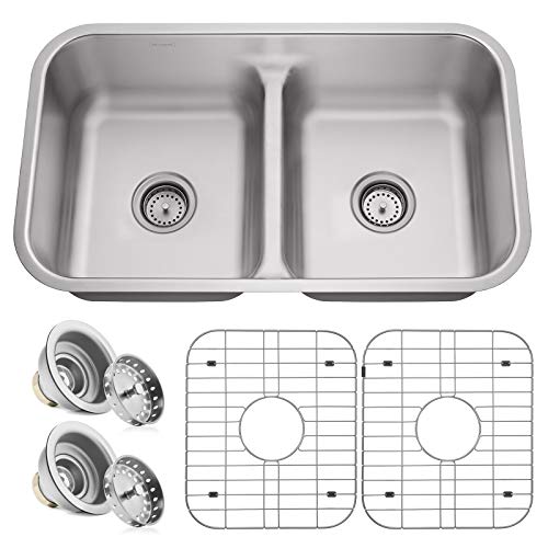 Miligore 32' x 19' x 9' Deep Double Bowl (50/50 Low Profile Split) 16-Gauge Stainless Steel Kitchen Sink - Includes Drains/Grids