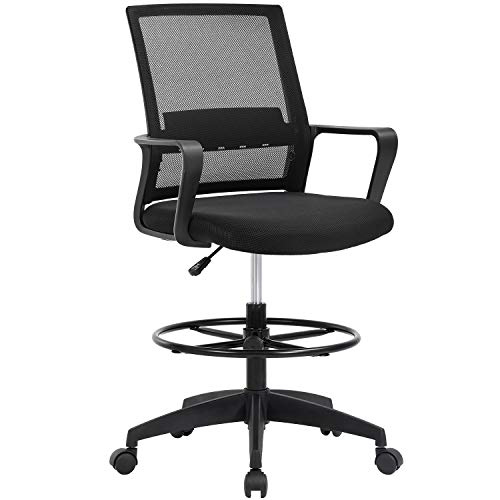 Drafting Chair Tall Office Chair Adjustable Height with Lumbar Support Arms Footrest Mid Back Desk Chair Swivel Rolling Mesh Computer Chair for Adults Standing Desk Drafting Stool(Black)