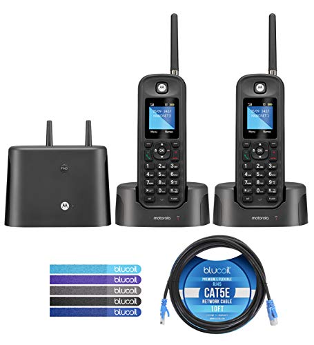 Motorola O212 DECT 6.0 Long Range Cordless Phones with Digital Answering Machine and Inductive Charging Station (2-Pack) Bundle with Blucoil 10-FT 1 Gbps Cat5e Cable, and Reusable Cable Ties (5-Pack)