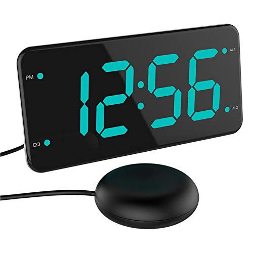 Loud Alarm Clock with Bed Shaker, Vibrating Alarm Clock for Heavy Sleepers, Deaf and Hard of Hearing, Dual Alarm Clock, 2 Charger Ports, 7-Inch Display, Full Range Dimmer and Battery Backup - Green