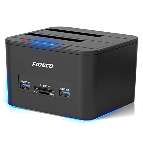 FIDECO USB 3.0 to SATA Hard Drive Docking Station Dual-Bay External HDD Dock with Offline Clone/Duplicator Function and TF & SD Card Slots for 2.5/3.5 Inch SATA HDD SSD, Support 16 TB