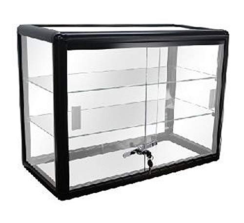 Elegant Black Aluminum Display Table Top Tempered Glass Show Case. Sliding Glass Doors with Lock