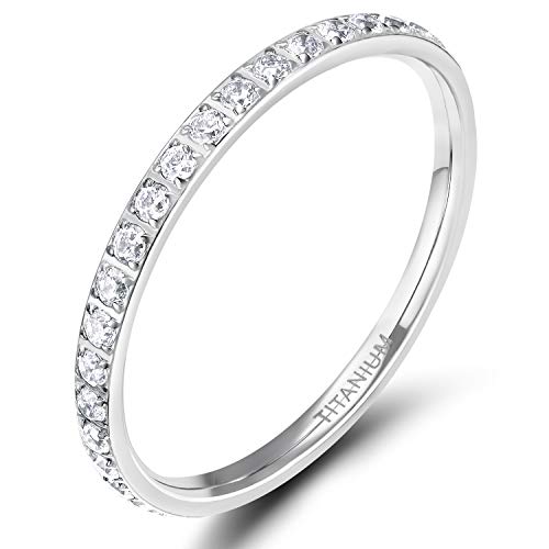 TIGRADE 2mm Women Titanium Eternity Ring Cubic Zirconia Anniversary Wedding Engagement Band Size 3-13, Silver, Size 5.5