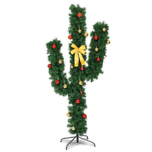 BestComfort 5ft/6ft/7ft Pre-lit Artificial Cactus Christmas Tree with 90/120/160 LED Lights, Red and Golden Ball Ornaments, Yellow Bowknot