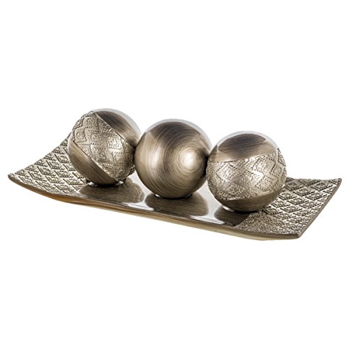 Dublin Decorative Tray and Orbs/Balls Set of 3, Centerpiece Bowl with Balls decorations Matching, Rustic Decorated Spheres Kit for Living Room or Dining/Coffee Table, Gift Boxed (Brushed Silver)