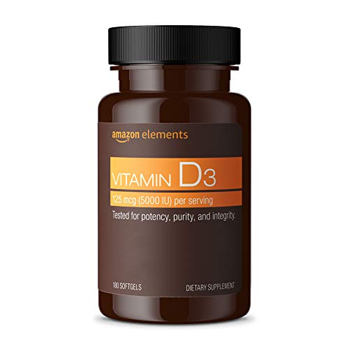 Amazon Elements Vitamin D3, 5000 IU, 180 Softgels, 6 month supply (Packaging may vary), Supports Strong Bones and Immune Health