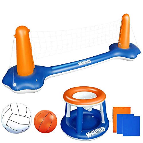 Weanas Inflatable Pool Float Set Volleyball Net and Basketball Hoops Floating Pool Swimming Game Toys Water Inflatable Sports Set for Kids (Dark Blue)