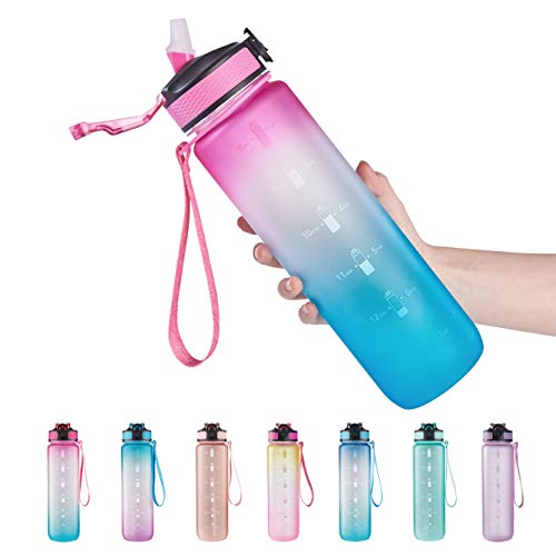 EYQ 32 oz Water Bottle with Time Marker, Carry Strap, Leak-Proof Tritan BPA-Free, Ensure You Drink Enough Water for Fitness, Gym, Camping, Outdoor Sports (Fuschia/Green Gradient)