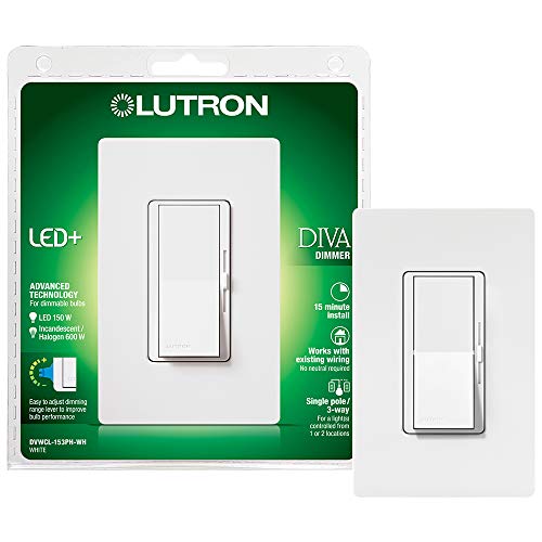 Lutron Diva LED+ Dimmer for Dimmable LED, Halogen and Incandescent Bulbs with Wallplate | Single-Pole or 3-Way | DVWCL-153PH-WH | White
