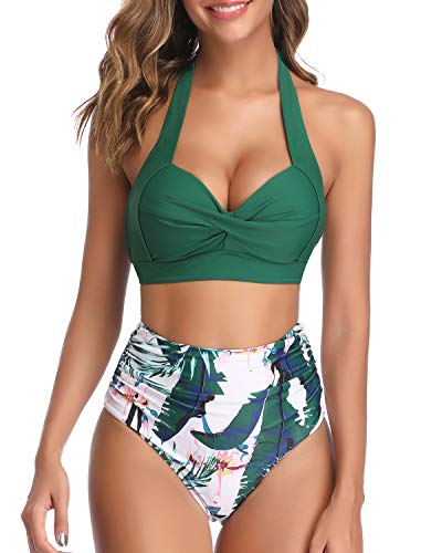 Tempt Me Women's Vintage Swimsuit Retro Halter Ruched High Waist Bikini Green S
