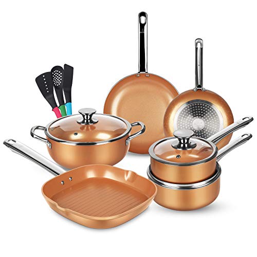 KUTIME 12pcs Nonstick Cookware Set, Pots and Pans Set with Stainless Steel Handles, Frying Pan Set Copper Ceramic Coating Grill Pan Nonstick Stock Pot, Sauce Pans, Gas, Induction Compatible, Oven Safe