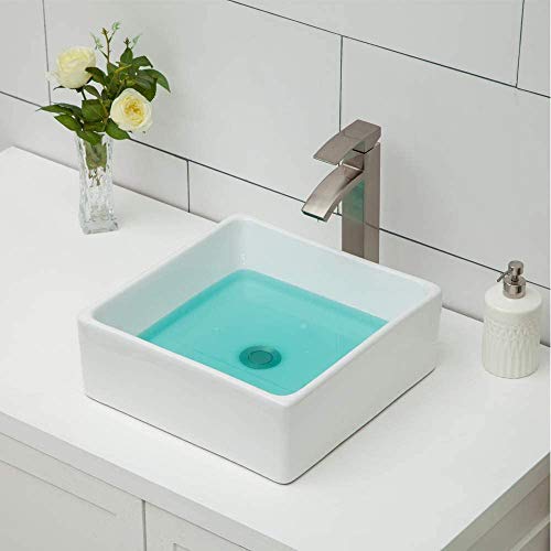 Vessel Sink Topmount - Logmey 15''x15'' Square Bathroom Vessel Sink Above Counter White Porcelain Ceramic Vanity Sink Art Basin
