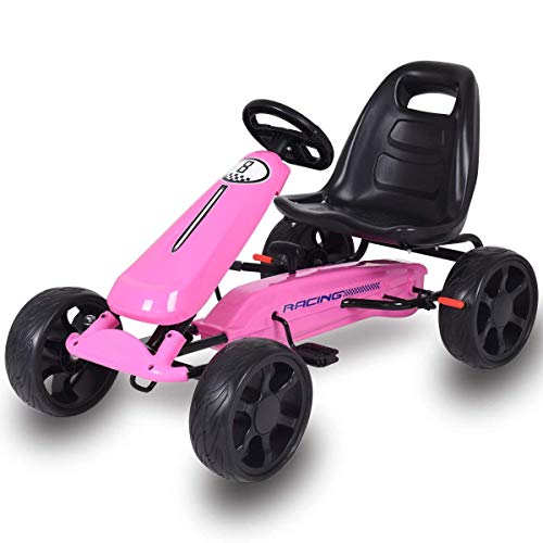Costzon Go Kart, 4 Wheel Powered Ride On Toy, Kids' Pedal Cars for Outdoor, Racer Pedal Car with Clutch, Brake, EVA Rubber Tires, Adjustable Seat (Pink Go Kart)