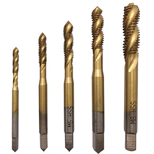 M3 M4 M5 M6 M8 Titanium Coated HSS Spiral Flute Metric Tap Set 5Pcs