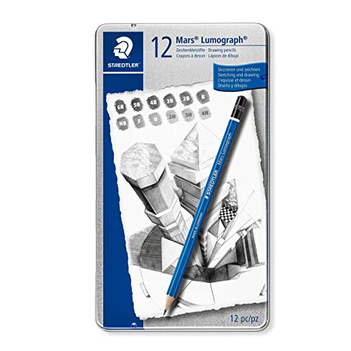 Staedtler Mars Lumograph Art Drawing Pencils, 12 Pack Graphite Pencils in Metal Case, Break-Resistant Bonded Lead, 100 G12