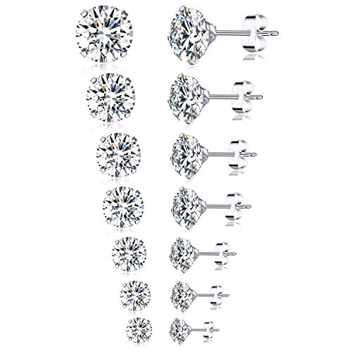 Tornito 7 Pairs 20G Stainless Steel Stud Earrings Round Cubic Zirconia Barbell Earring Set For Men Women 2MM-8MM