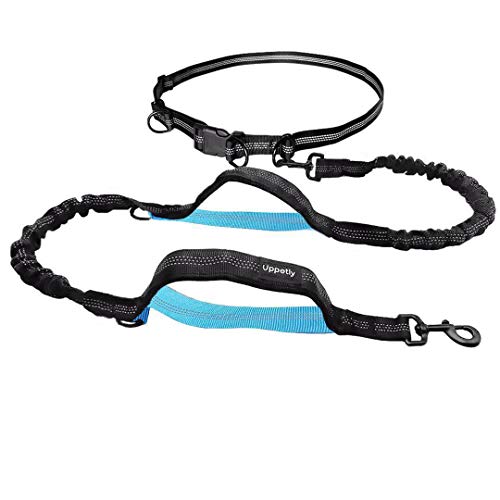 UPPETLY Hands Free Dog Running Leash with Adjustable Waist Belt, Dual Handle Elastic Bungees Retractable Rope for Medium and Large Dogs, 2 Hooks Clips, Reflective Stitches for Walking Hiking Biking