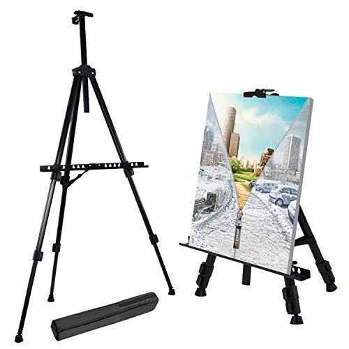 T-Sign 66' Reinforced Artist Easel Stand, Extra Thick Aluminum Metal Tripod Display Easel 21' to 66' Adjustable Height with Portable Bag for Floor/Table-Top Drawing and Displaying