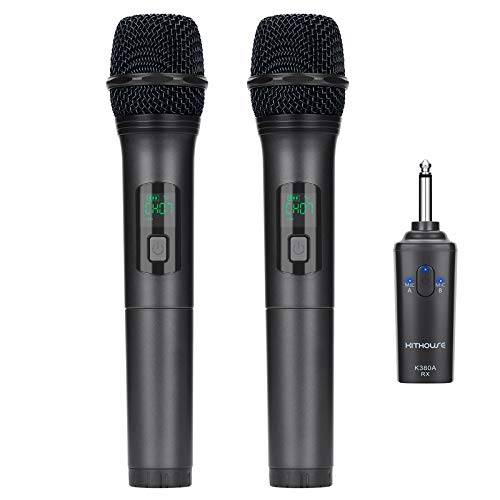 Kithouse K380A Wireless Microphone Karaoke Microphone Wireless Mic Dual With Rechargeable Bluetooth Receiver System Set - UHF Handheld Cordless Microphone For Singing Speech Church(Elegant Black)