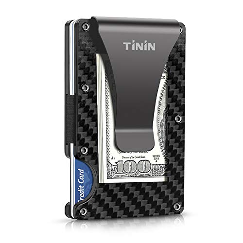 TININ Carbon Fiber Wallet, Slim Money Clip & Minimalist RFID Blocking Front Packet, Aluminum Metal Wallet & Business Card Holder Billfolds for Men, Black (kabao)