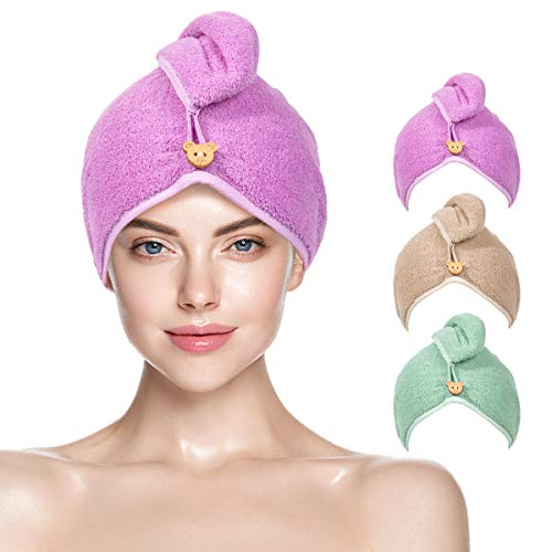 Unimi 3Pack Hair Drying Towels,Microfiber Hair Towel Wrap,Super Absorbent Dry Hair Hat&Shower Hair Cap,Long Curly Hair(Purple,Pea Green,Light tan)