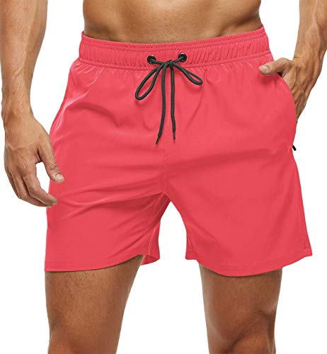 Tyhengta Mens Stretch Swim Trunks Quick Dry Beach Shorts with Zipper Pockets and Mesh Lining Pink 32