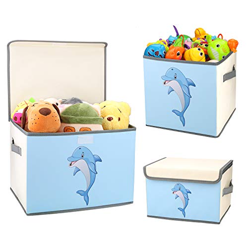 DIMJ Toy Storage Box, Kids Toy Chest Storage Bin for Toy Canvas Storage Bin Basket with Lid Open Collapsible Box Cute Toy Organizer for Boys Girls Dolphin