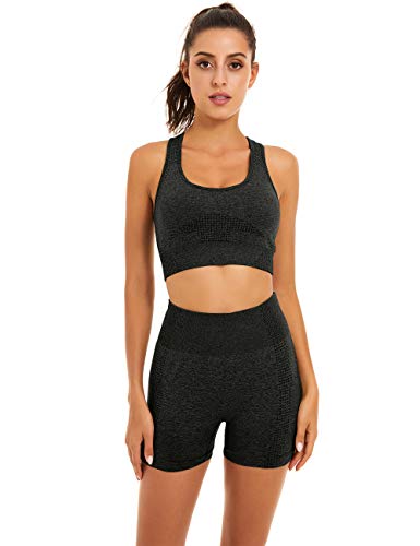Toplook Women Seamless Yoga Workout Set 2 Piece Outfits Gym Shorts Sports Bra (Black, Medium)