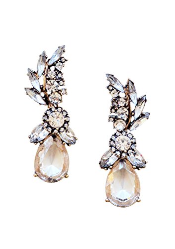 Happiness Boutique Women Statement Earrings in Clear Color Chandelier Drop Earrings in Vintage Gold Color