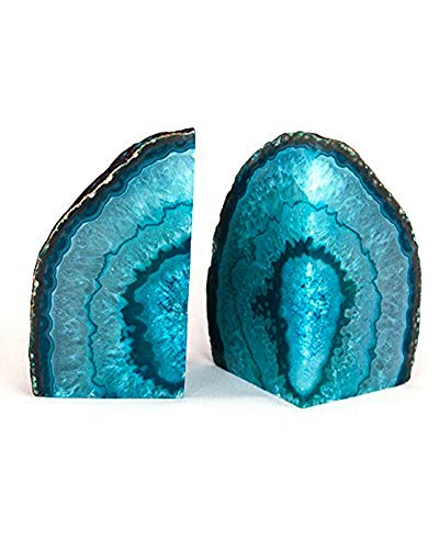 AMOYSTONE 1Pair Teal Agate Bookends 2-3 lbs for Books Small Cut Agate Stone Dyed with Rubber Bumpers