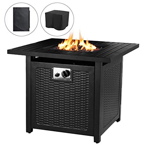 OKVAC 28' Propane Gas Fire Pit Table, 50,000 BTU Square Fire Bowl, Outdoor Auto-Ignition Fireplace with CSA Certification, Waterproof Cover, Lava Rock, for Balcony/Garden/Patio/Courtyard