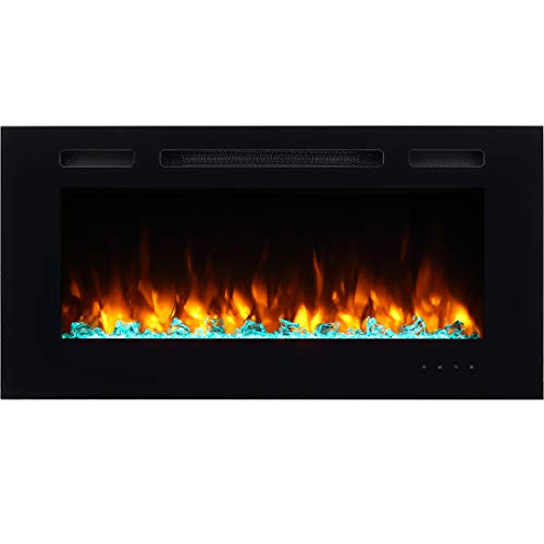 PuraFlame Alice 40 Inches Recessed Electric Fireplace, Wall Mounted for 2 X 6 Stud, Log Set & Crystal, 1500W Heater, Black