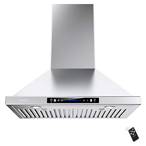 IKTCH 36-inch Wall Mount Range Hood 900 CFM Ducted/Ductless Convertible, Kitchen Chimney Vent Stainless Steel with Gesture Sensing & Touch Control Switch Panel, 2 Pcs Adjustable Lights