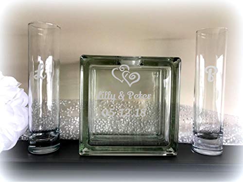 Small Glass Block Laser Engraved Sand Ceremony Unity Set with Crystal Sand