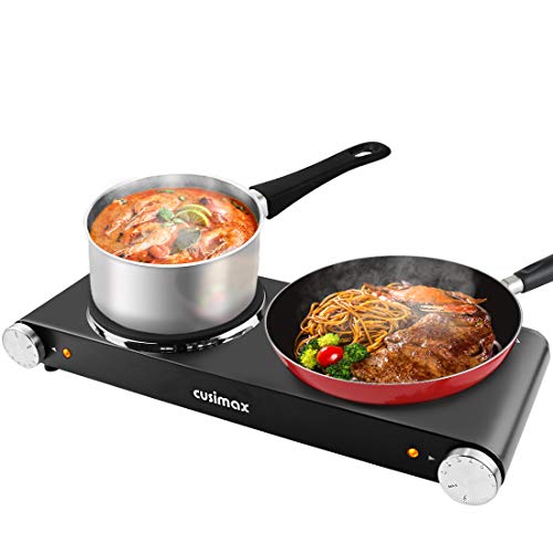 CUSIMAX 1800W Double Hot Plates, Cast Iron hot plates, Electric Cooktop, Hot Plates for Cooking Portable Electric Double Burner, Black Stainless Steel Countertop Burner, Easy to Clean-Upgraded Version