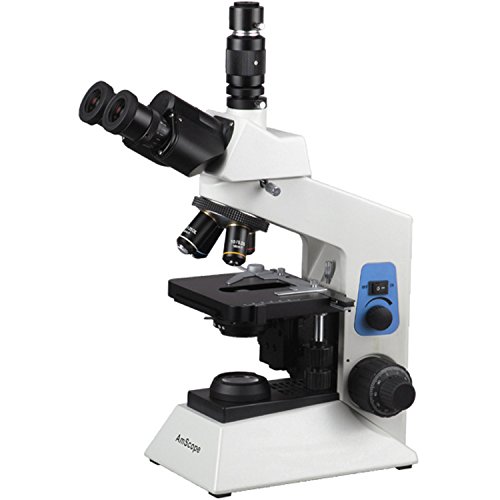 AmScope T580B Professional Compound Trinocular Microscope, WF10x and WF20x High-Point Plan Eyepieces, 40X-2000X Magnification, Brightfield, Halogen Illumination, Abbe Condenser, Double-Layer Mechanical Stage, High-Contrast Optics, Anti-Mold