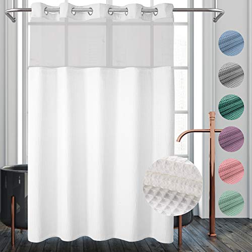 River dream Waffle Weave Fabric Shower Curtain No Hooks Needed, Cotton Blend, with Snap-in Repalcement Liner - Hotel Grade, Water Repellent, Machine Washable - 71x74, White