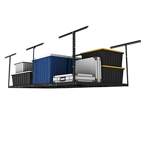 FLEXIMOUNTS 4x8 Overhead Garage Storage Rack Adjustable Ceiling Garage Rack Heavy Duty, 96' Length x 48' Width x (22''-40' Ceiling Dropdown), Black (Two-Color Options)