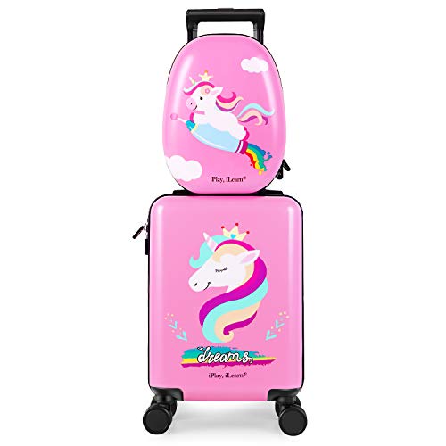 Unicorn Kids Carry on Luggage Set with Spinner Wheels, Girls Travel Suitcase - Pink