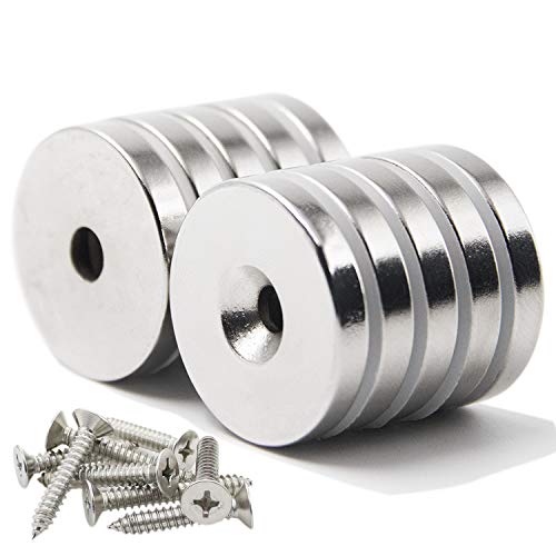 DIYMAG 10 Pack 1.26 inch x 0.2 inch Neodymium Disc Countersunk Hole Magnets. Strong, Permanent, Rare Earth Magnets,with 10 Screws.