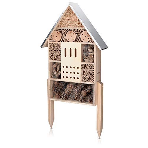 Navaris Insect House with Stakes - Extra Large Wooden Bug Hotel 22.4' H x 15' W - Bee, Butterfly, Ladybug Natural Nesting Habitat for Garden and Yard